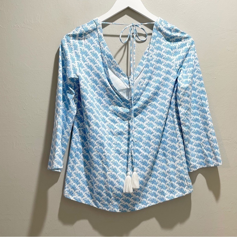 PERSIFOR Women’s Blue White Coral Print BRIE Top Tassel Back Resort Preppy Sz XS
